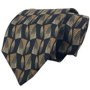 Vintage Italian Silk Tie Today's Man Geometric Navy Olive Tan‎ Mens
